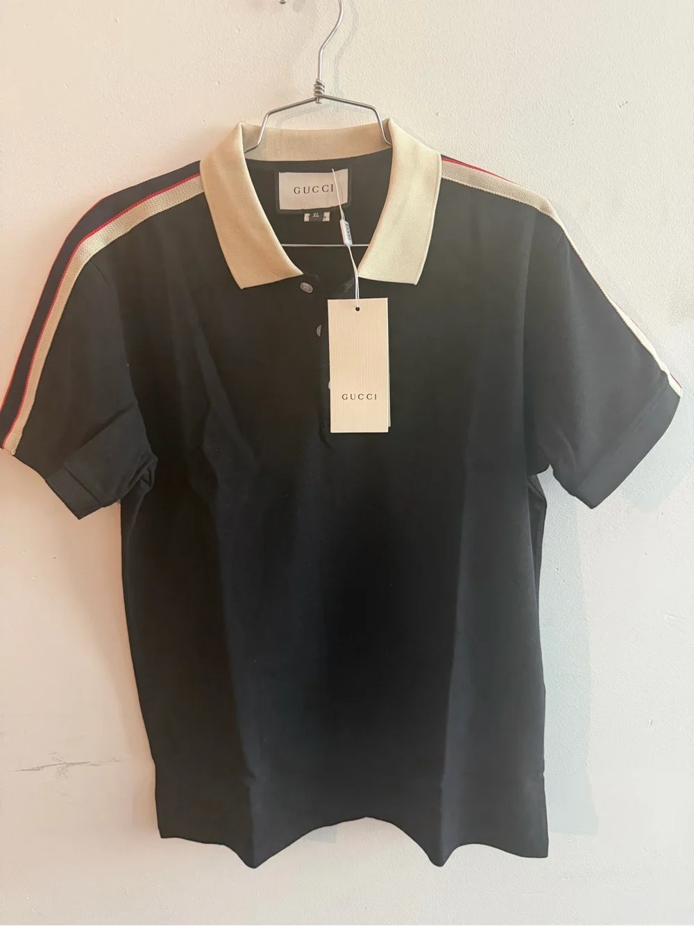 Men Gucci Black Polo with Cream Collar and Red-White Stripe Shoulders